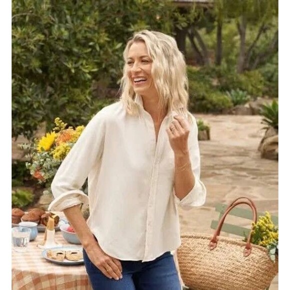 Frank & Eileen Womens XS Eileen Relaxed Button Shirt Cotton Peach Ivory Cream - Picture 1 of 12